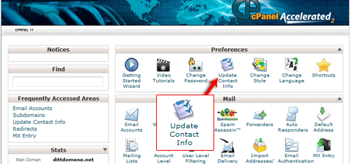 Legge inn kontaktinformasjon i cPanel