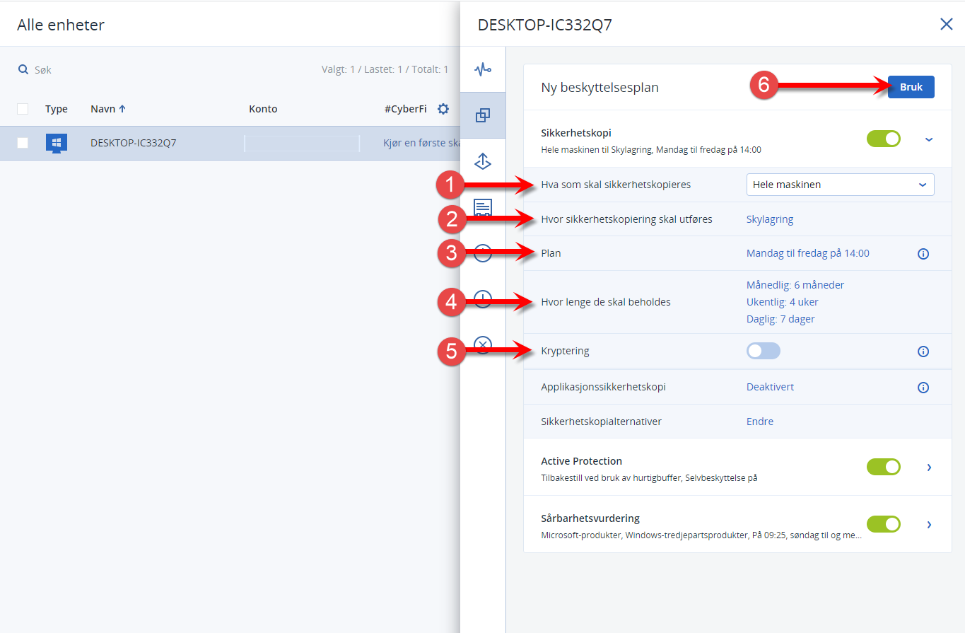 Gjennomgang av innstillinger for backupplan i Acronis Cyber Cloud